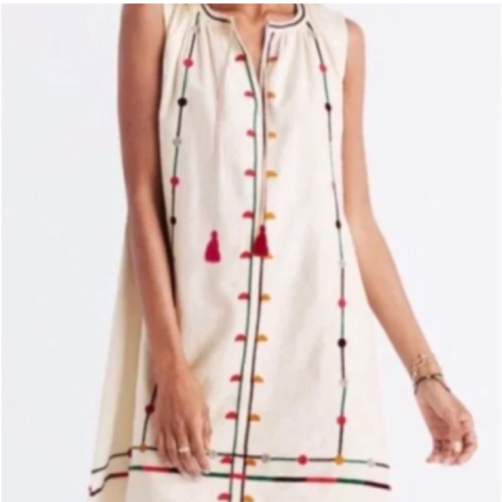 Madewell linen Cream Dress with Colorful Embroidery
